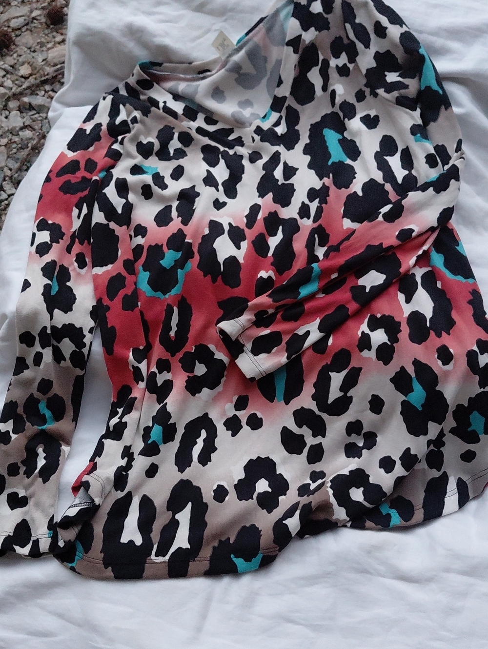 NWOT. Sew In Love Long Sleeve Leopard Print Top in Cream with Red & Teal Accents